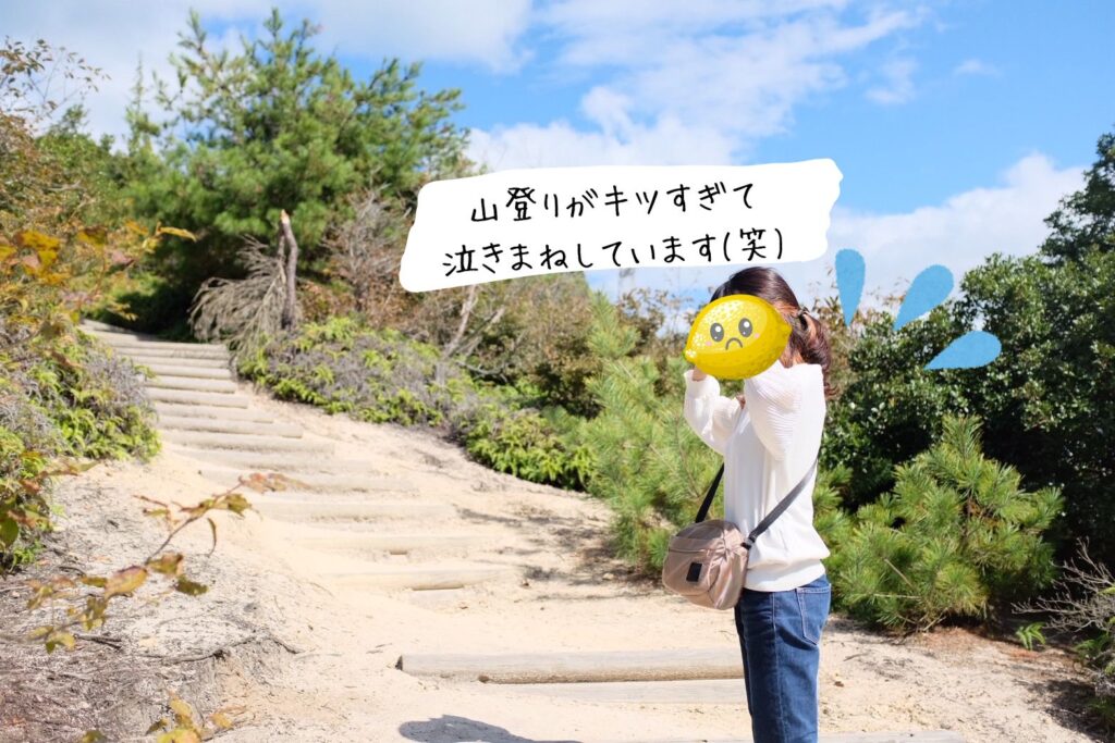 砲台跡までの道のりが険しく、疲れて泣いたマネをしている筆者の写真