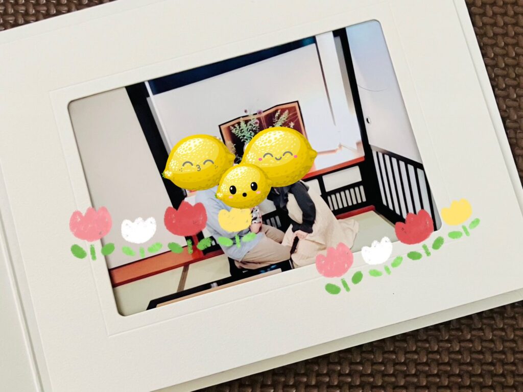 倉敷甲羅本店でプレゼントしてもらった家族写真