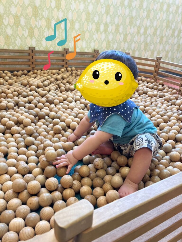 木製のボールプールの中で楽しむ息子の写真