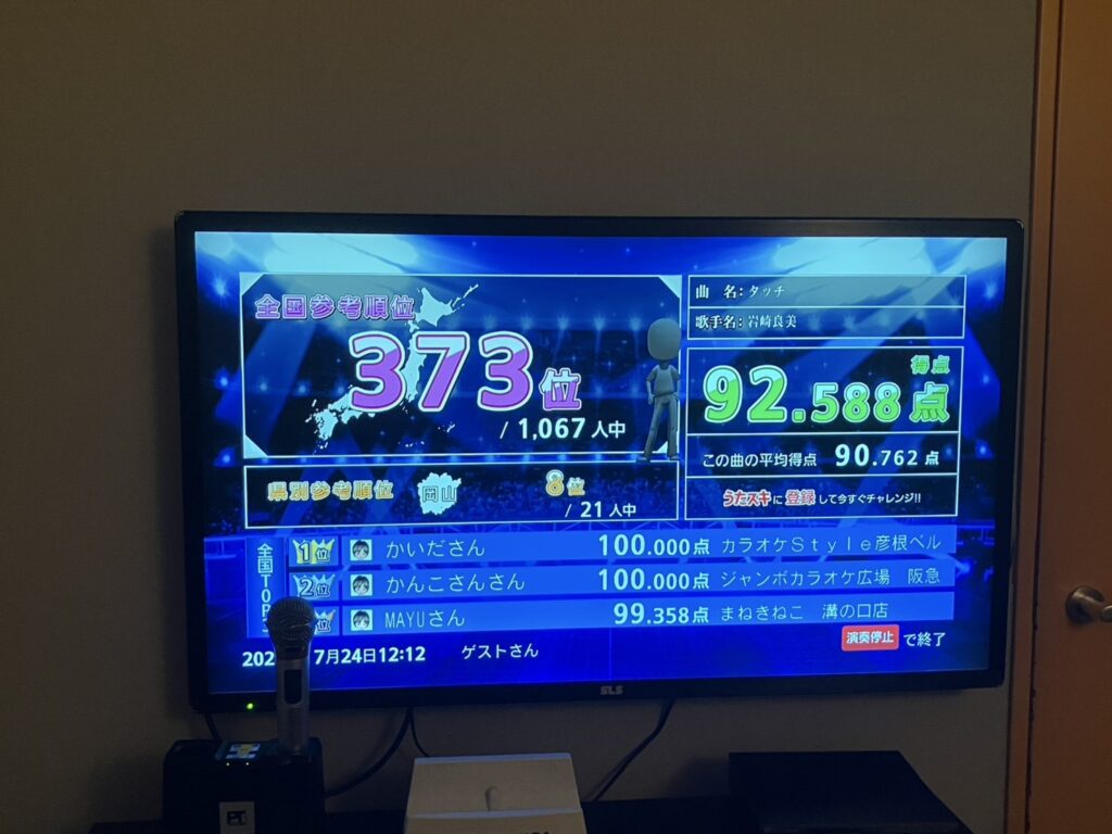 スポッチャのカラオケルームで採点カラオケを楽しんているところ。